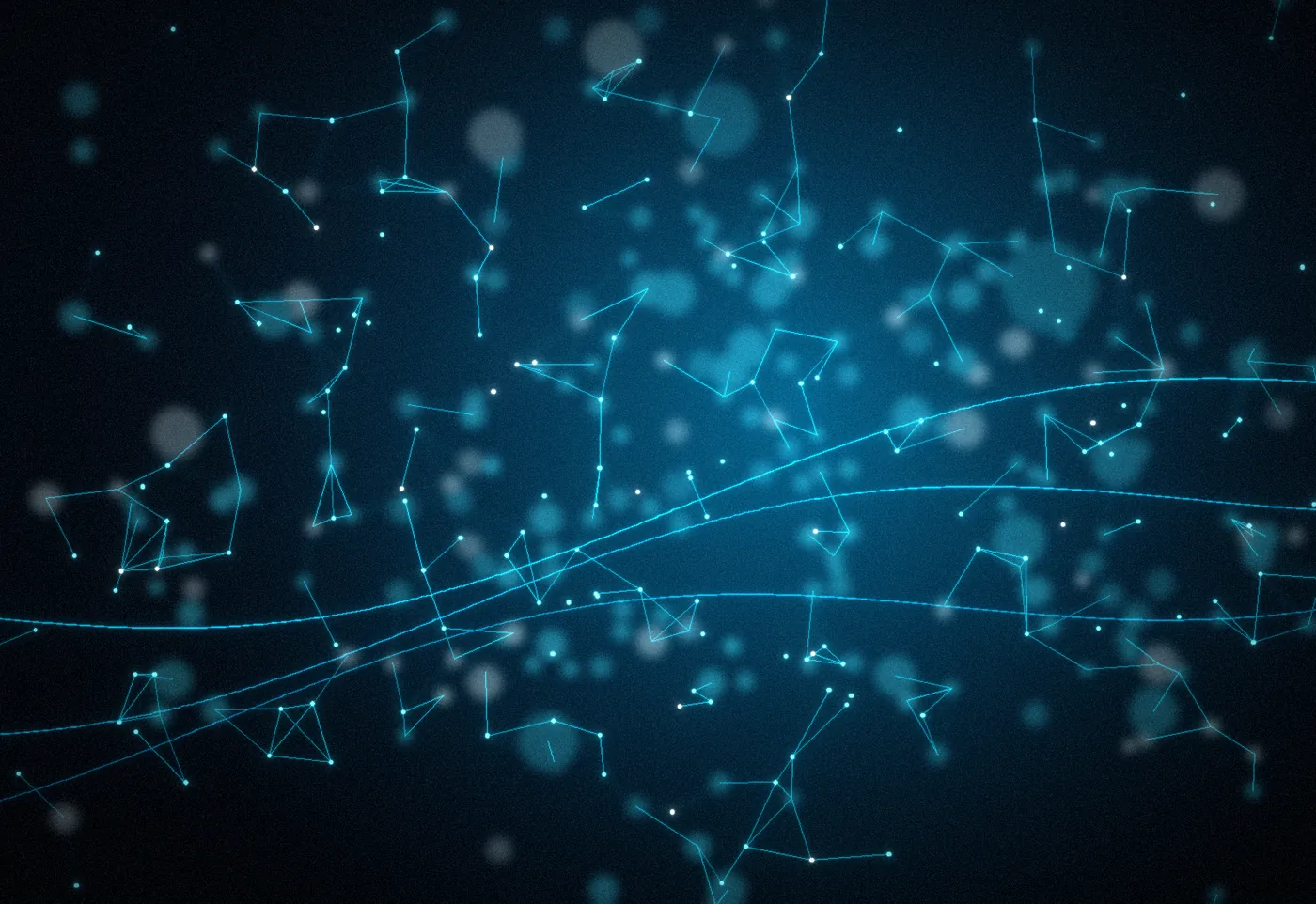 Constellation de points lumineux cyan reliés entre eux, évoquant un réseau de neurones artificiels.