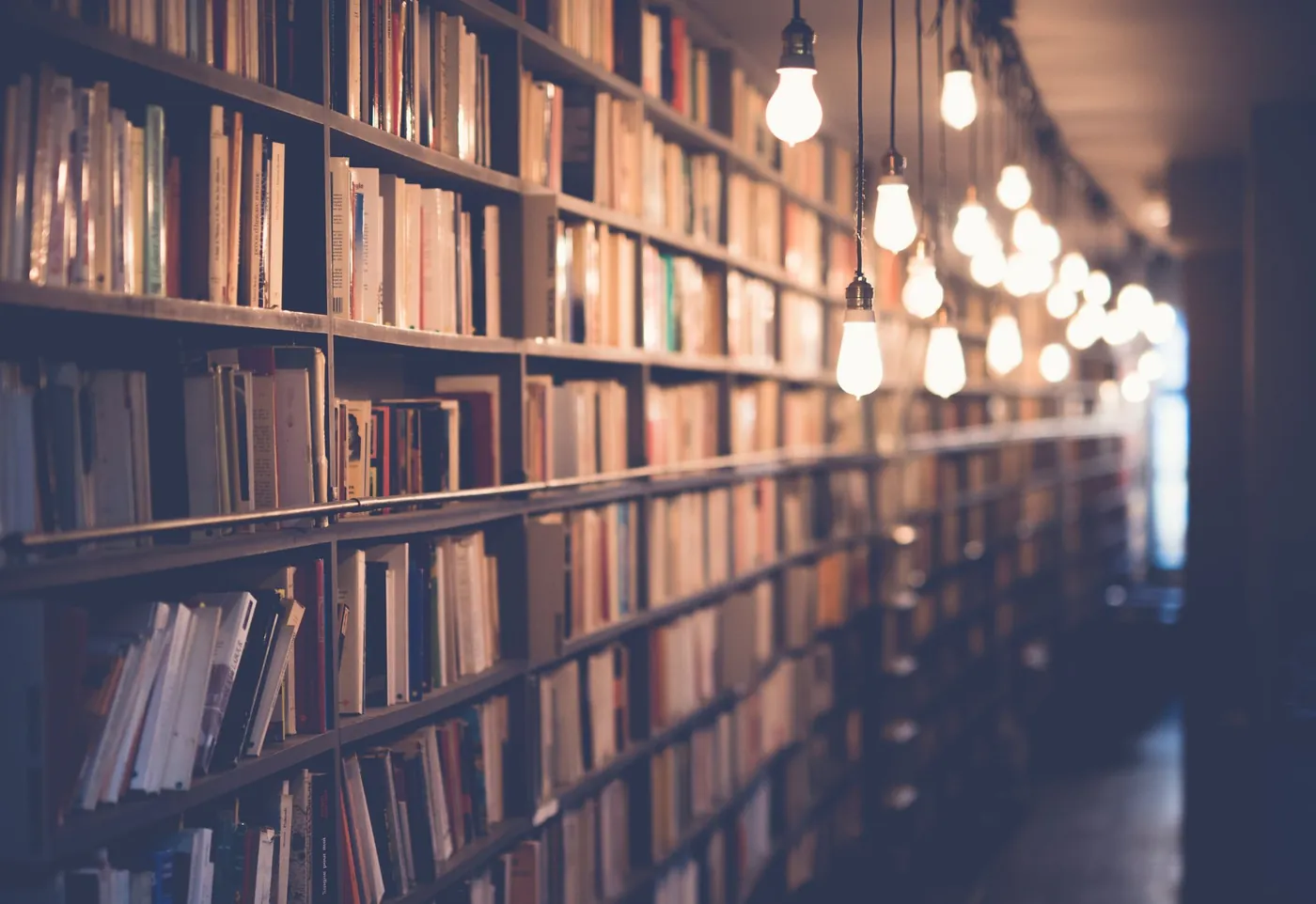 Rayonnages de livres anciens éclairés par des ampoules suspendues.