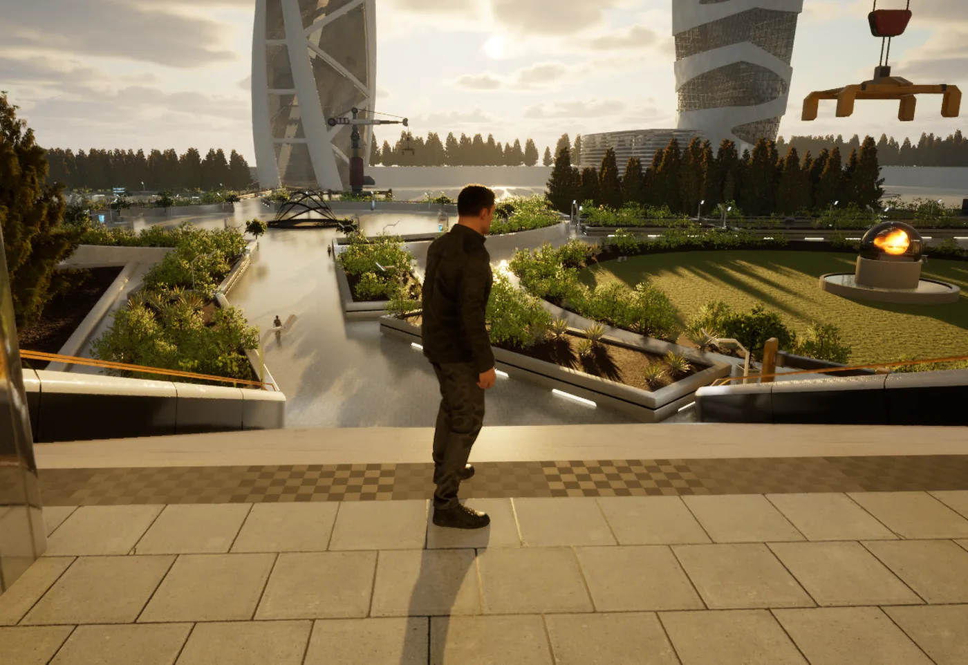 Arqualea : un personnage contemple la place centrale, ses jardins et ses tours au soleil couchant, capture du jeu sous Unreal Engine.